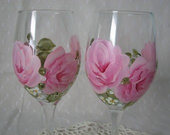 Wine Glasses Hand Painted Cottage Chic Pink Roses Set of 2 mother's day gift