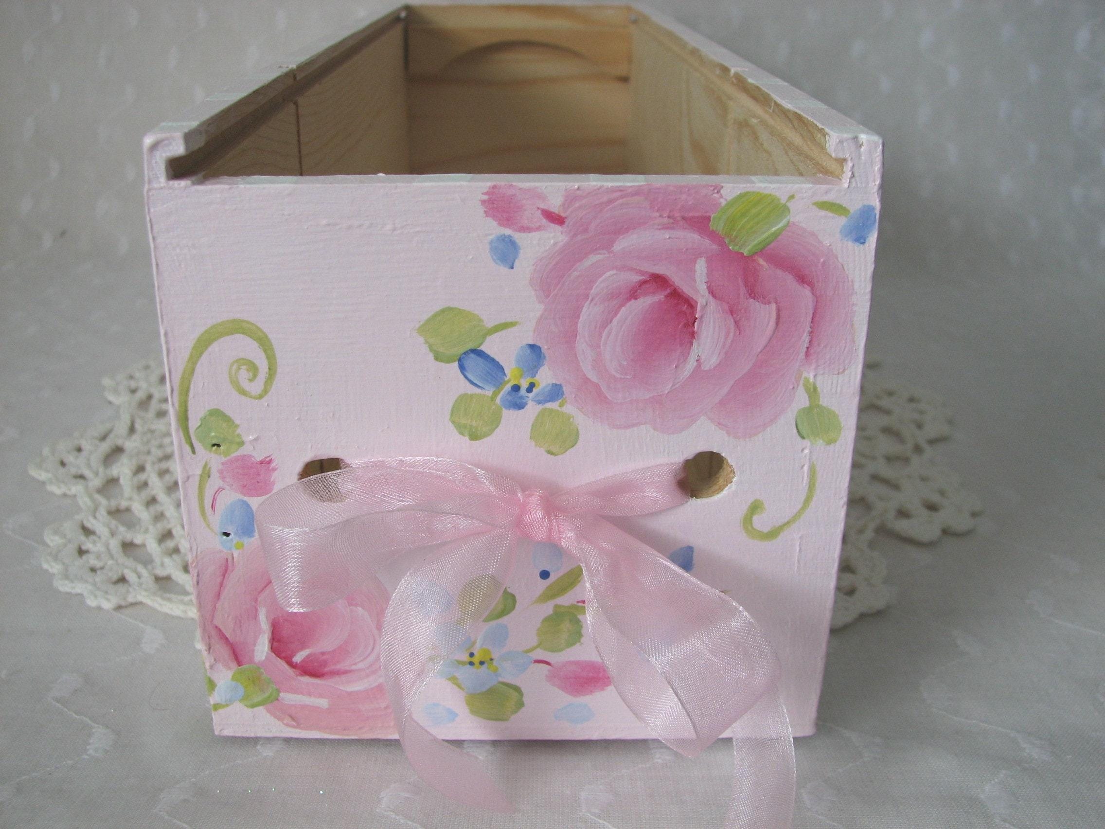 Wood Tote Hand Painted Pink Roses Cottage Chic Home Decor Storage Box ...