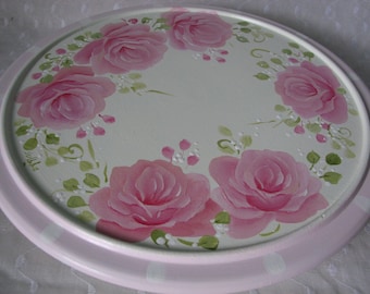 Wood Turntable Lazy Susan Hand Painted Pink Roses Home Kitchen Decor Cottage Chic