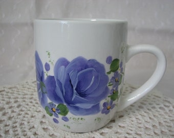 Purple Roses Coffee Mug 12 oz Hand Painted Cottage Chic Kitchen Mothers day gift