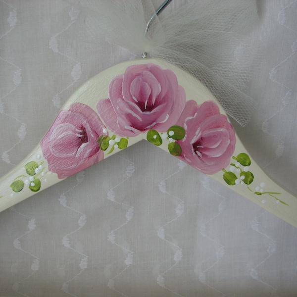 Clothes Hanger Ivory Hand Painted Burgundy Roses Adult Size Dress Wedding Hanger