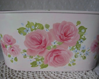 Oval Tin Tub container Hand Painted Pink Roses Shabby Cottage Chic Lace Pearls Home Decor