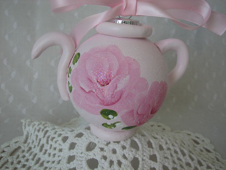 Teapot Ornament Hand Painted Chic Pink Roses Glitter Shabby Christmas