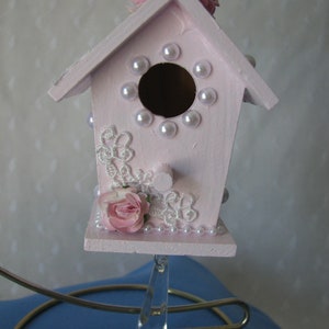 Pink Birdhouse Ornament Roses Lace Pearls Hand Painted Prism