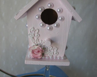 Pink Birdhouse Ornament Roses Lace Pearls Hand Painted Prism