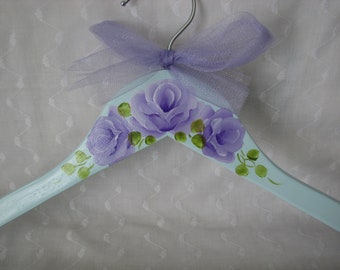 Clothes Hanger Soft Blue Hand Painted Purple Roses Adult Size Dress Wedding Hanger Lilac Lavender