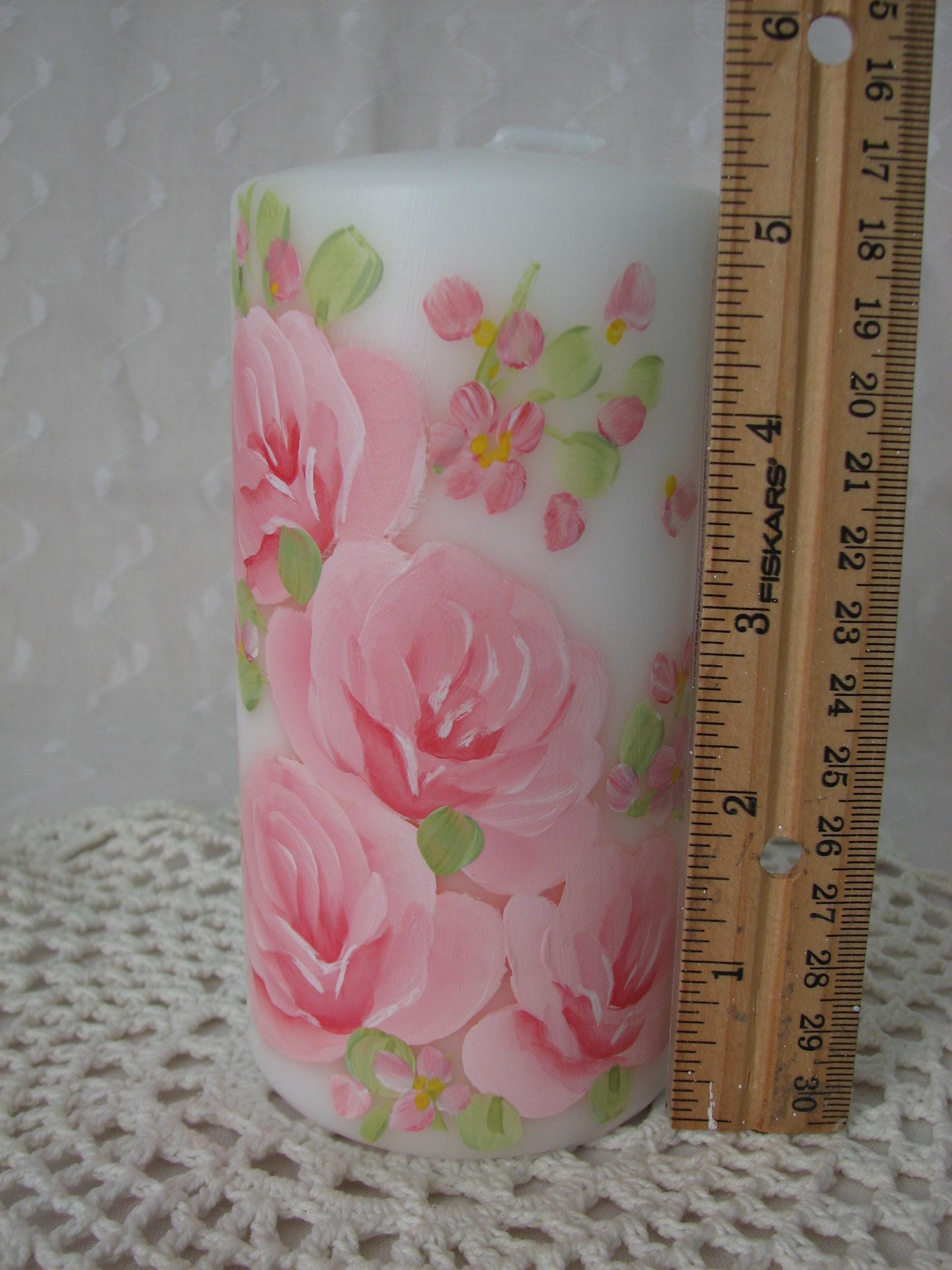 White Pillar Candle Hand Painted Peach Pink Roses Unscented - Etsy
