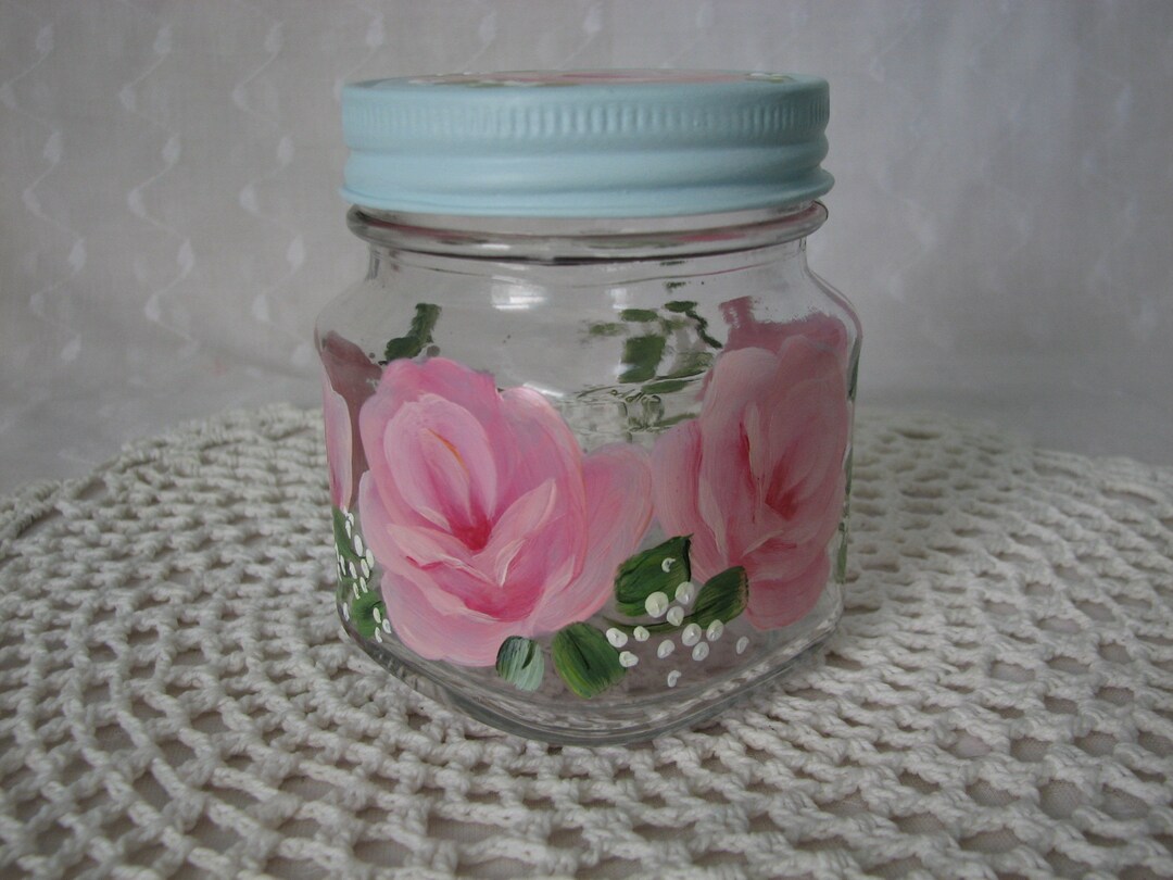 Glass Storage Jar With Robins Egg Blue Lid Hand Painted Pink Roses Bath