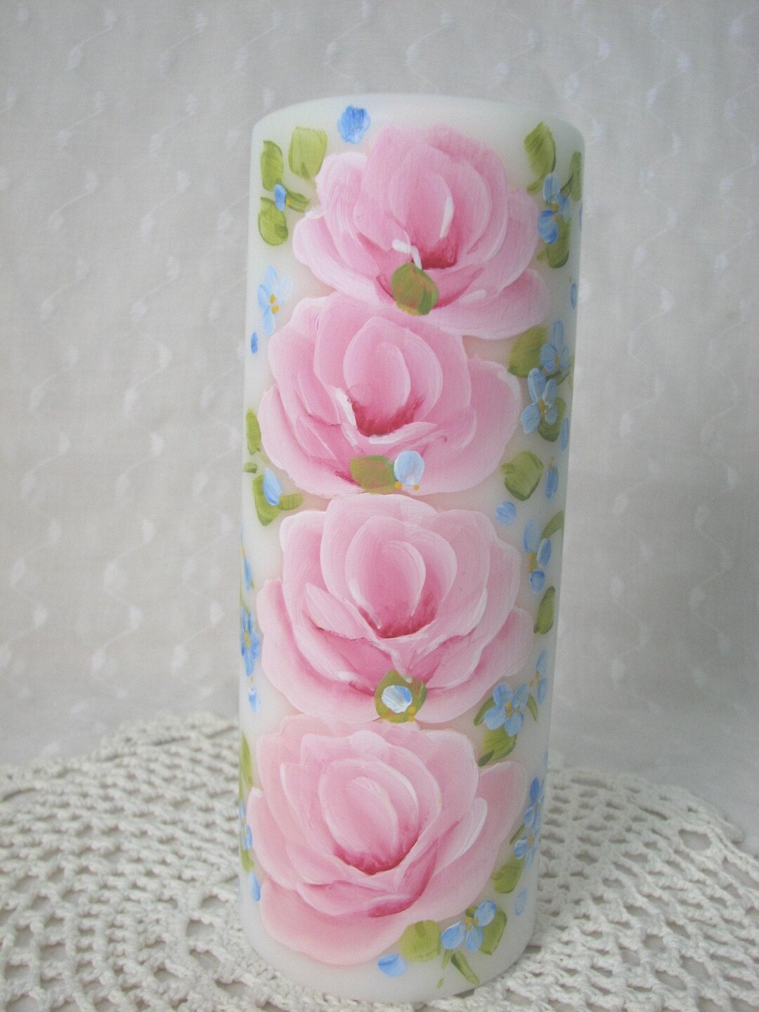 White Pillar Candle Hand Painted Pink Roses Unscented - Etsy