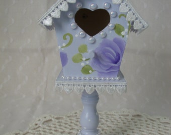 Small Pedestal Birdhouse Hand Painted Lilac Purple Roses Pearls Heart Lace Cottage Chic Spring Home Decor