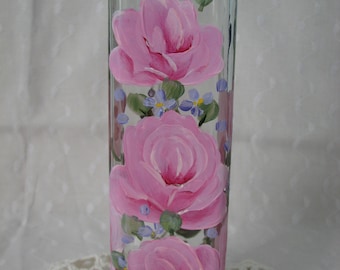 Large Olive Oil Bottle Dispenser 16.9 oz Hand Painted Pink roses Kitchen mother's day gift