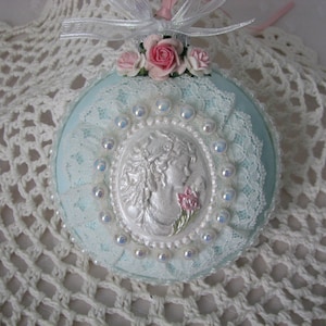 Victorian Aqua Flat Glass Ornament Hand Painted Pink Roses Pearls Lace Cameo Shabby Cottage Chic Christmas