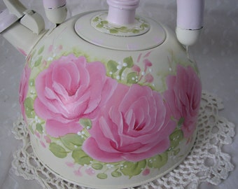 Pink Roses Ivory Decorative Tea Kettle Hand Painted Kitchen decor Teapot cottage chic