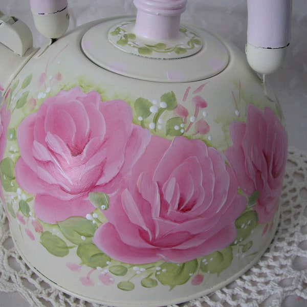 Pink Roses Ivory Decorative Tea Kettle Hand Painted Kitchen decor Teapot cottage chic