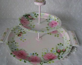 Cake Dessert Stand Hand Painted Pink Roses Silverplate 2 Tiered Kitchen Home Decor