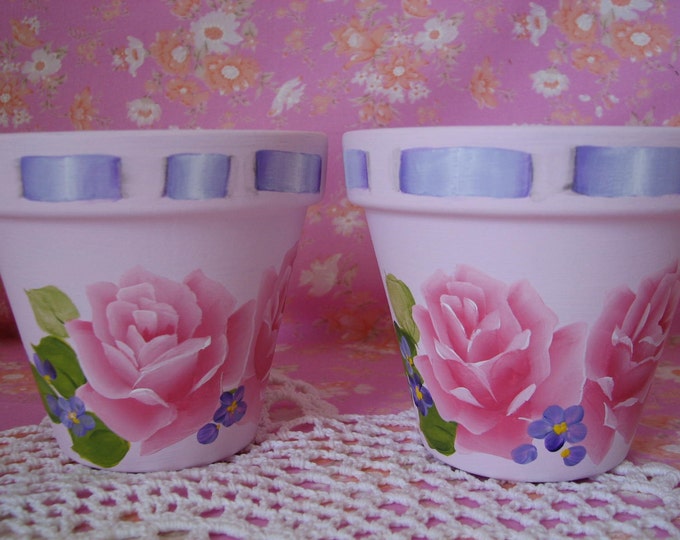Decorative Clay Flower Pots Chic Hand Painted Cottage Pink Etsy