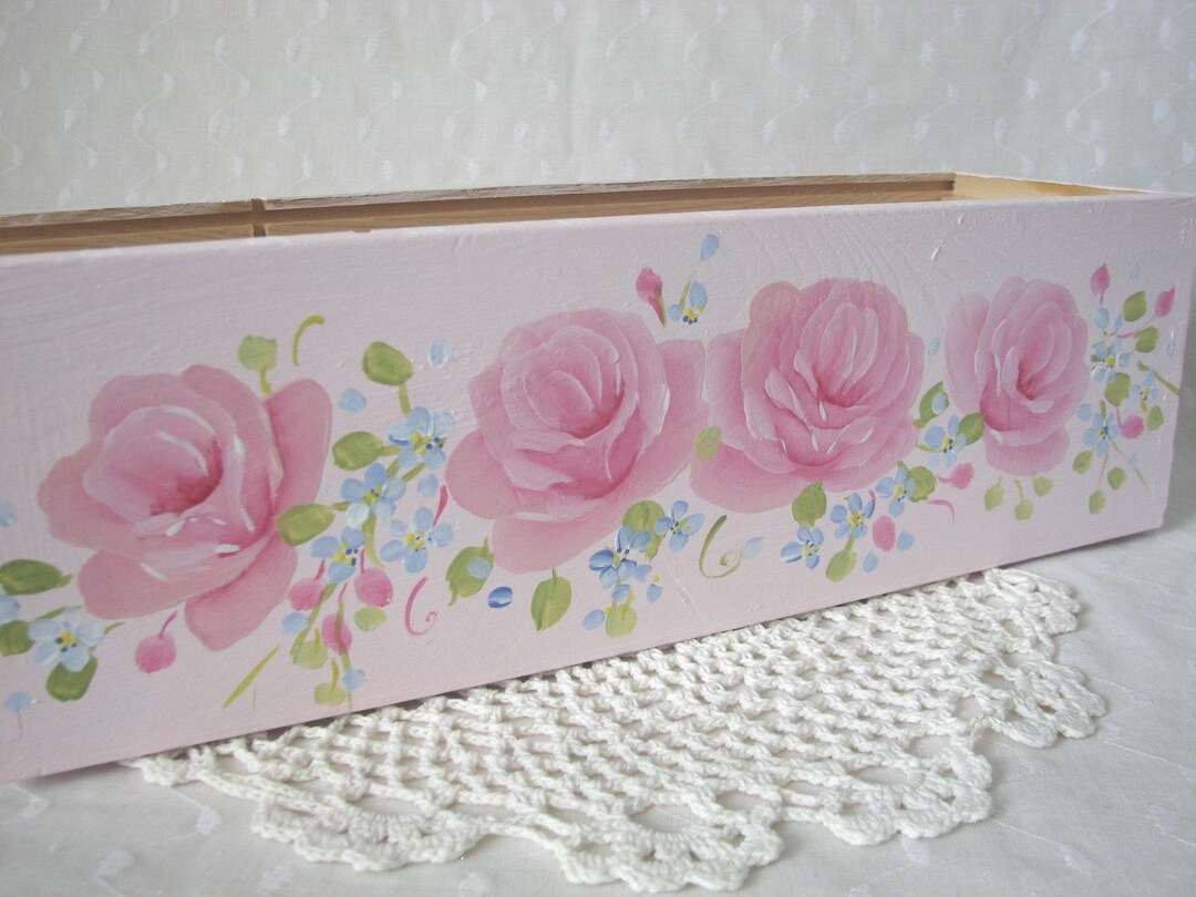 Wood Tote Hand Painted Pink Roses Cottage Chic Home Decor Storage Box ...