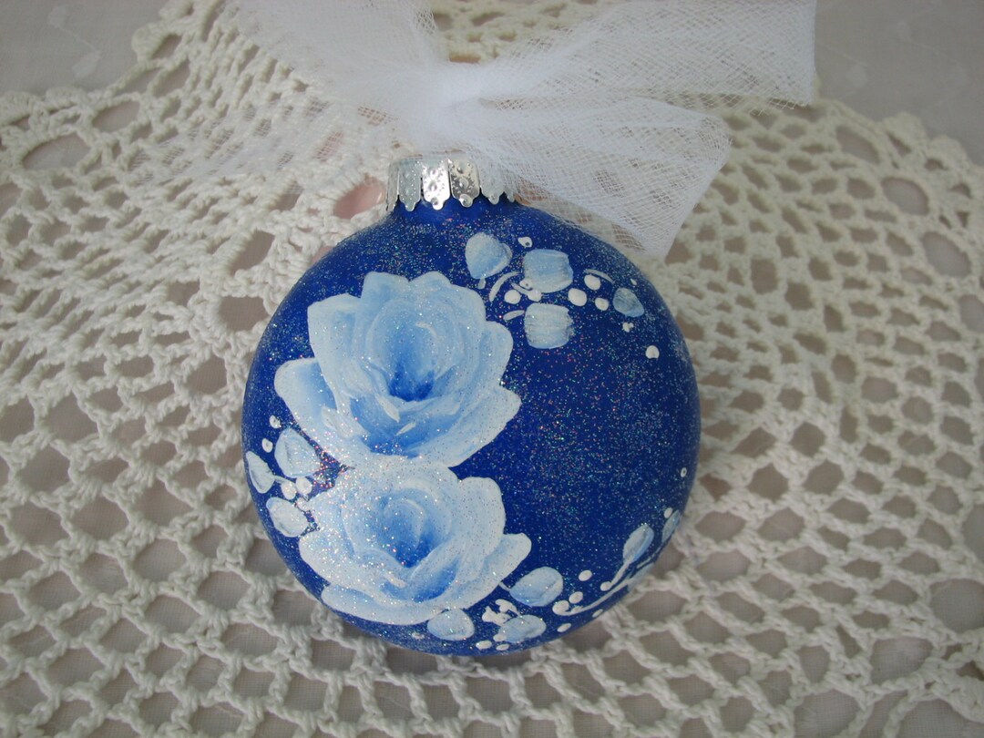 Round Flat Glass Ornament Hand Painted White Blue Roses Etsy