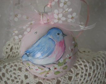 Bluebird Ornament Glass Ball Pink Hand Painted