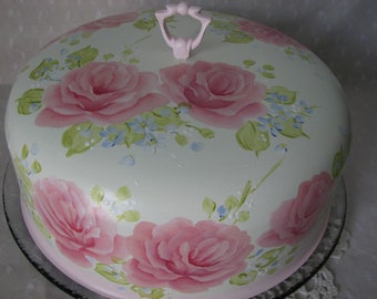 Cake Cover Dome with Glass Plate Hand Painted Pink Roses Kitchen Decor