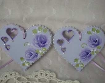 Wood Heart Pink Ornaments Hand Painted lavender Purple Roses Pearls Valentines set of 2 no. 2