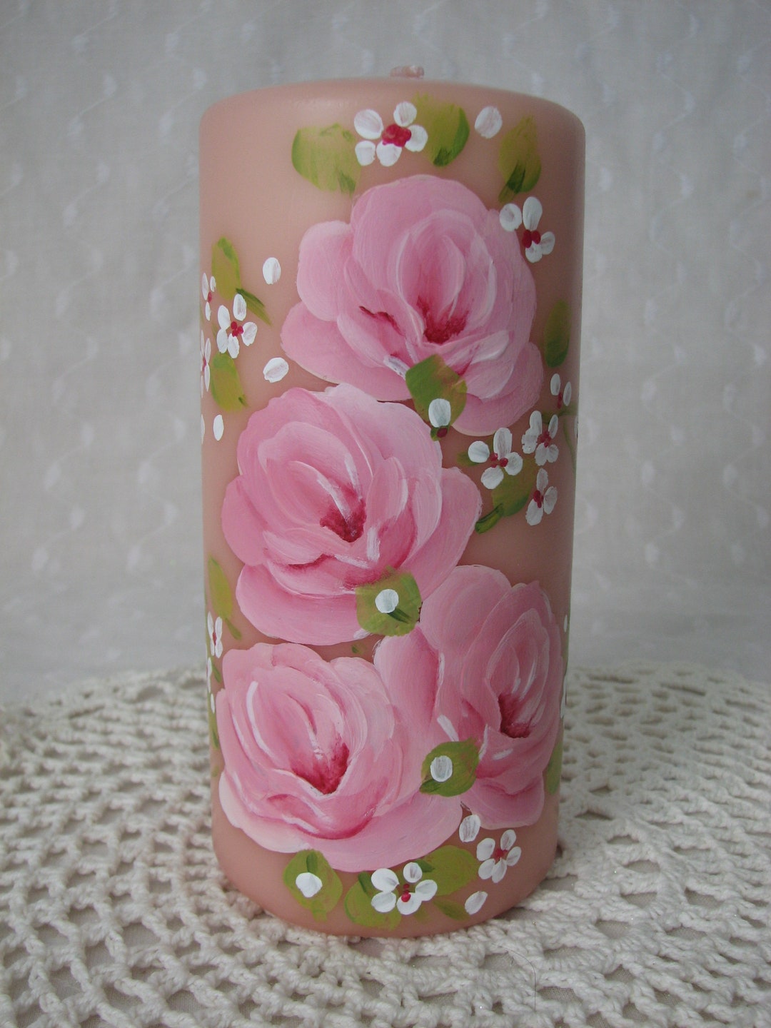 Pink Pillar Candle Hand Painted Roses Unscented - Etsy