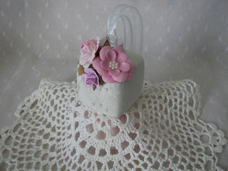 Square Glass Aqua Gift Box Ornament Hand Painted Pink White Roses Glitter Pearls