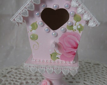 Small Pedestal Birdhouse Hand Painted Pink Roses Pearls Heart Lace Cottage Chic Home Decor no. 2