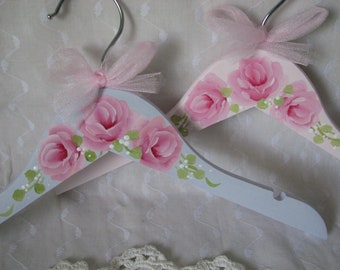 Hand Painted Kids Hangers pink roses lilac set of 2