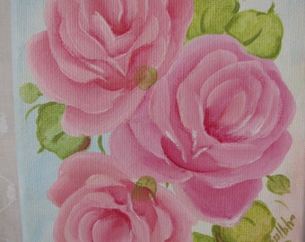 Hand Painted 7 by 5 Canvas Pink Roses Art Original Painting Wall Art Decor no. 2