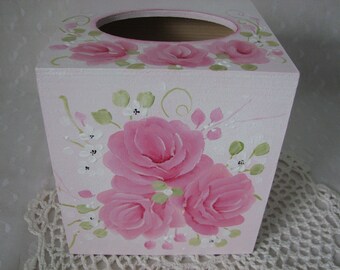 Pink Roses Tissue Box Cover Holder Hand Painted Wood Home Decor Shabby Cottage Chic