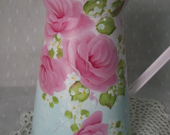 Tin Pitcher Hand Painted Pink Roses Aqua Shabby Cottage Chic Metal Home decor