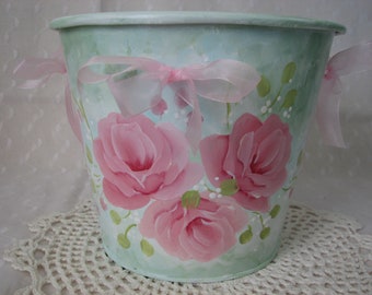 Metal Tin Bucket Pail Hand Painted Pink Roses Ribbon Cottage Chic Home Storage Decor