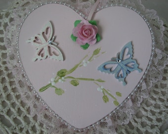 Heart Pink Roses Butterflies Pearls Lace Ornament Hand Painted Wood