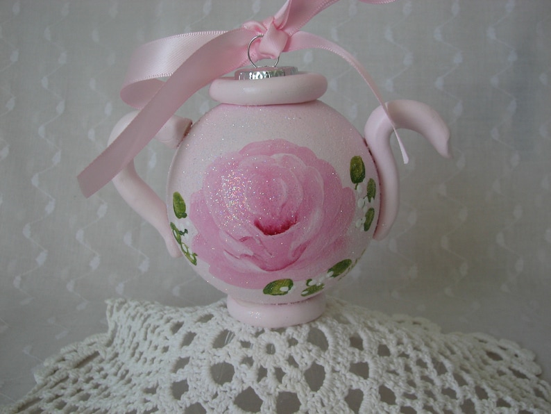 Teapot Ornament Hand Painted Chic Pink Roses Glitter Shabby Christmas