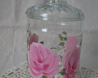 Pink Roses Glass Jar with Lid Hand Painted Cottage Chic storage Bath Kitchen home decor