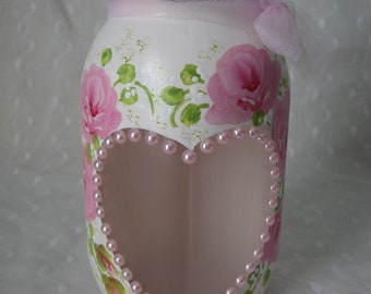 Glass Jar Heart Hand Painted Pink Roses Pearls Candle Holder Flower Pot Lantern Luminary #3