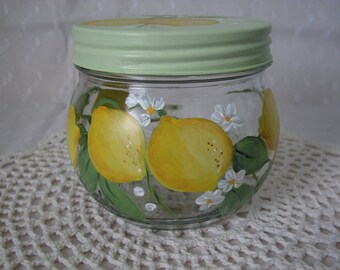 Glass Storage Jar with Green Lid Hand Painted Lemons Bath Kitchen storage