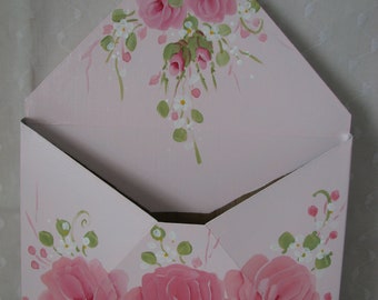 Pink roses wall pocket envelope Hand Painted metal and wood Home cottage chic Wall Shelf Decor