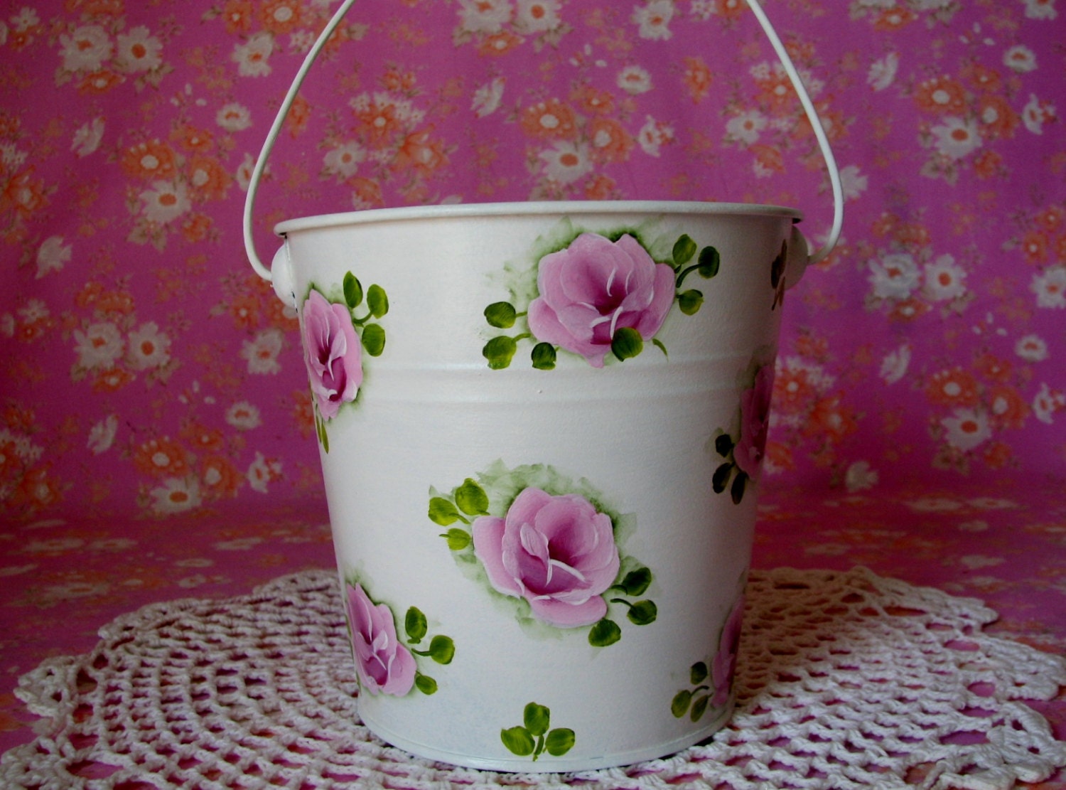 Metal Tin Bucket Pail Hand Painted Pink Roses Cottage Chic Etsy