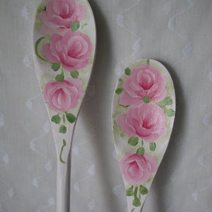 Pink Roses Wood Spoons Hand Painted Set of 2 Kitchen decor cottage chic