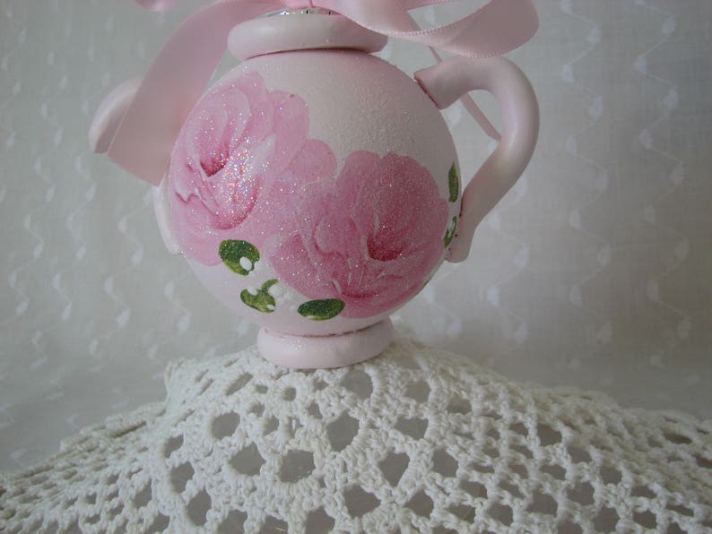 Teapot Ornament Hand Painted Chic Pink Roses Glitter Shabby Christmas