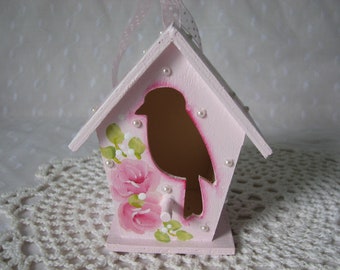 Pink Birdhouse Ornament  Hand Painted Roses Pearls