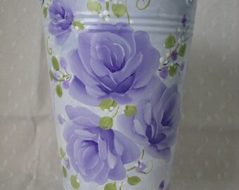 Hand Painted Lilac Purple Roses French Bucket Vase Cottage Chic Home Decor