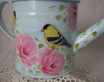 Goldfinch Pink Roses Decorative Watering Can Hand Painted birds Home Accent