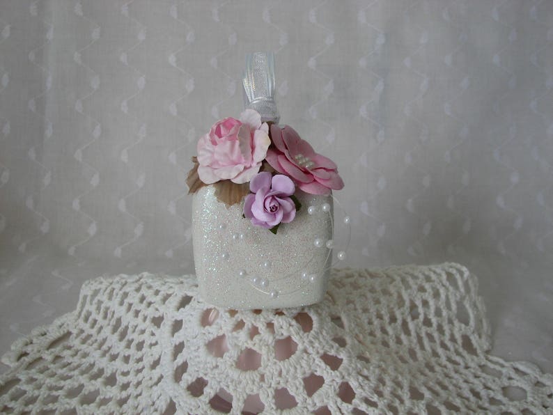 Square Glass Aqua Gift Box Ornament Hand Painted Pink White Roses Glitter Pearls