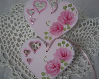 Wood Heart Pink Ornaments Hand Painted Pink Rose Pearls Valentines set of 2 no. 2