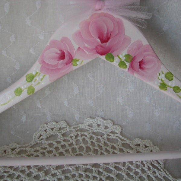 Clothes Hanger Hand Painted Pink Roses Adult Size Dress Wedding Hanger