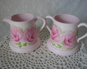 Pink Roses Sugar and Creamer Set Shabby Hand Painted Silver plate Cottage Chic