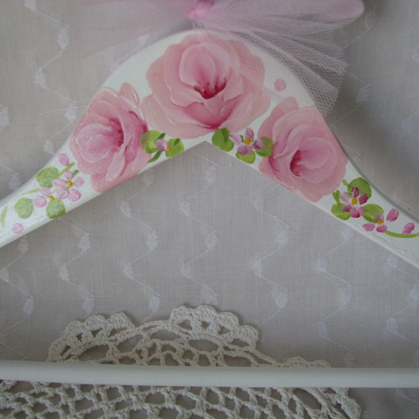 White Clothes Hanger Hand Painted Pink Roses Adult Size Dress Wedding Hanger